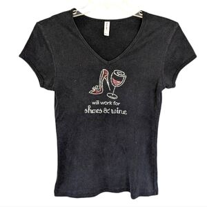 Chris's Stuff "Will Work For Shoes and Wine" woman's Tshirt Medium